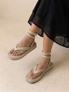 HighSole 女款春夏新款可調節綁帶設計夾腳露趾杏色厚底涼鞋，柔軟舒適，適合通勤與購物 - 杏色 - 查看 3