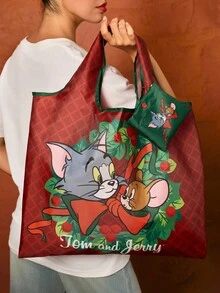 TOM & JERRY X SHEIN 1件可愛卡通圖案可折疊購物袋，附可拆卸鏈條小包托特包，貓咪老鼠聖誕圖案，最佳聖誕禮物 - 紅色+綠色 - 查看 2