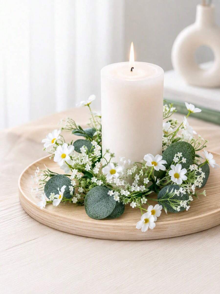 Haus Hana Artificial Daisy Candle Ring Wreath Decor, White Floral Table Centerpiece Ornament For Wedding Banquet Dinner Table Arrangement, Faux Flower Candle Holder Garland Home Desktop Party Layout Prop Reusable Tabletop Decor - Multicolor - View 1