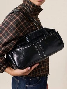 Nöista Black Shoulder Bag With Silver Eyelet Detailing, Long Handles, And A Structured Rectangular Silhouette. - Black - View 2