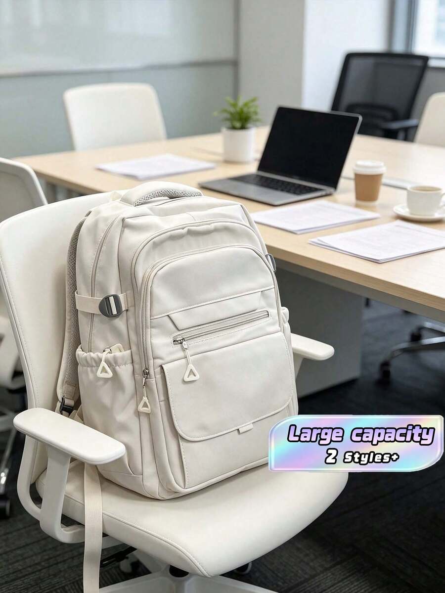 Simple Solid Color Casual Backpack, Large Capacity With Multiple Compartments For Laptop, Adjustable Shoulder Strap, Modern Stylish Backpack, School Bag With Luggage Belt, Zipper Closure, Unisex Casual Travel Bag, Suitable For Daily And Outdoor Use - A - View 1