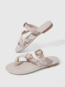 HighSole 女款方頭圓趾純色扣飾通勤職場百搭平底涼鞋，舒適一腳蹬 - 白色 - 查看 10
