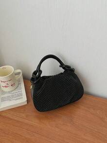 SIENNITY Braided Woven Pattern, Black, Daily Small Stuff Storage, Drawstring Closure, Minimal Style, Women Shopping Trip,Top Handle Crossbody Handbag - Black - View 6