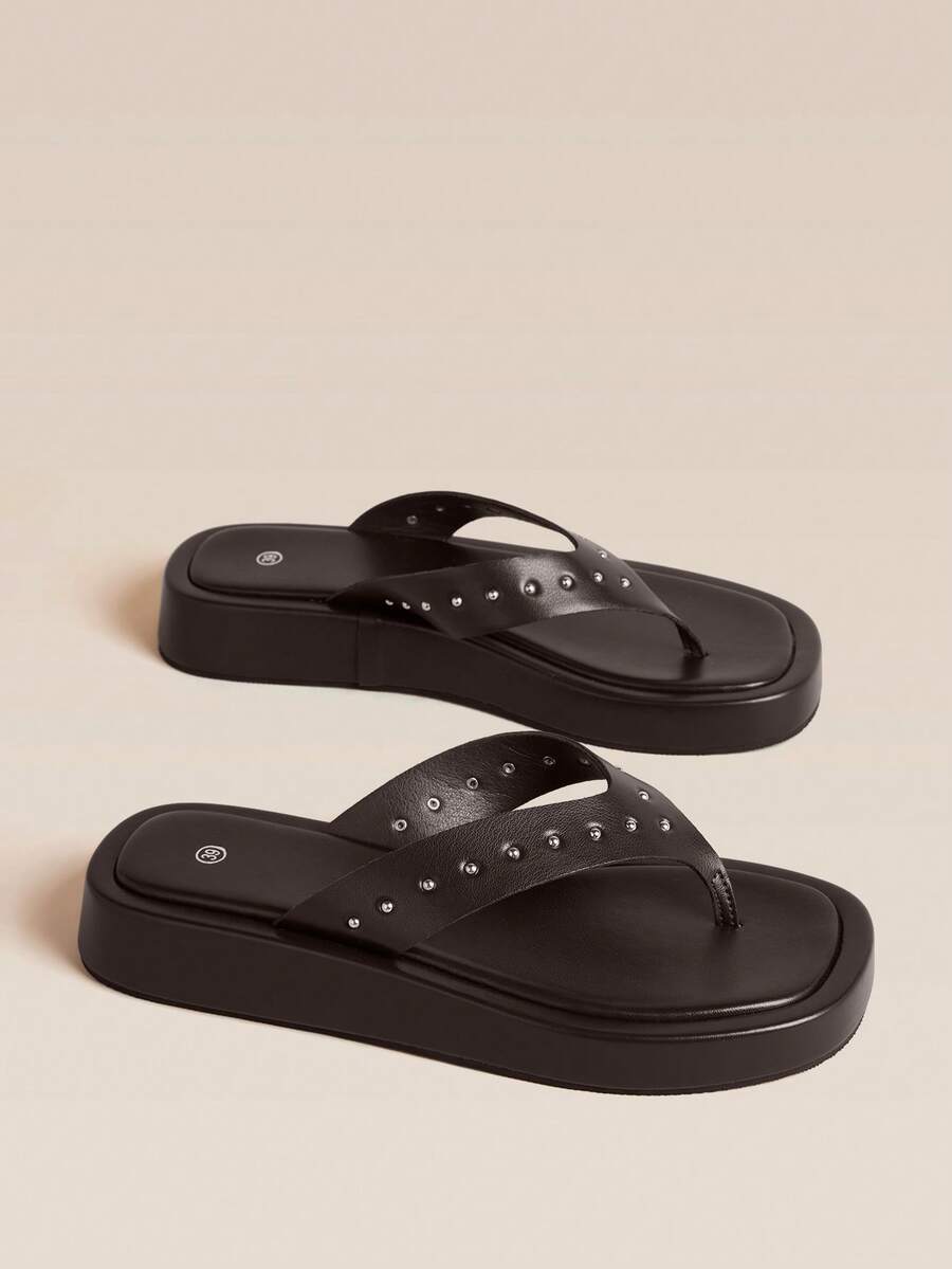 HighSole Rivet Decoration Thick-Soled Pinch Sandals Loose Leisure And Comfort Seaside Vacation Street Shot - Coffee Brown - View 1