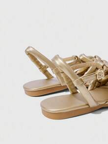 HighSole 女士金色方头镂空编织复古时尚休闲罗马平底凉鞋 - 金色 - 查看 8