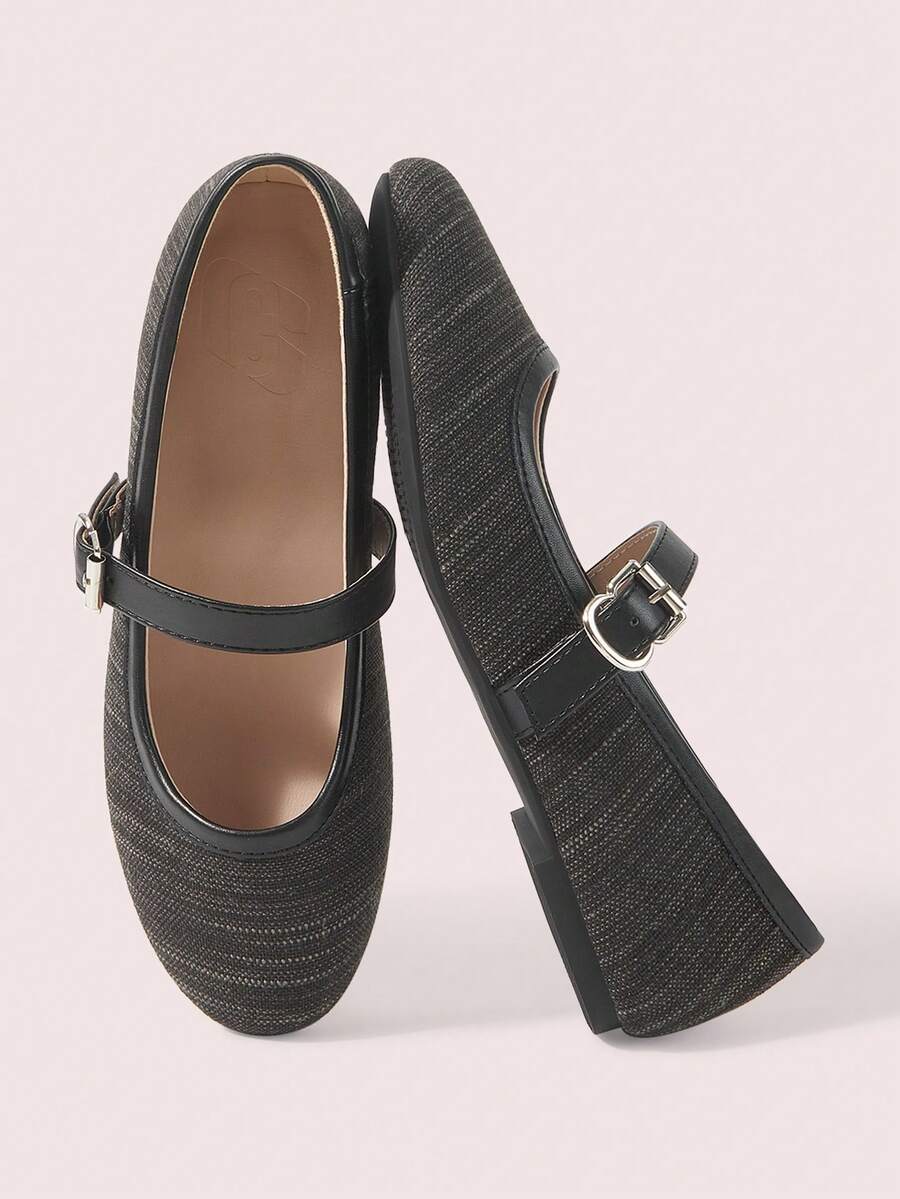 CUCCOO DOLLMOD French Linen Patchwork Mary Jane Shoes Round Toe Single Strap Daily Versatile Commute Flat Shoes For Women Fall Shoes - Black - View 1