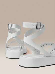 HighSole Metal Rivet Decorative Herringbone Clip Ankle Strap Simple Premium Sandals Beach Vacation Casual Wear - White - View 4