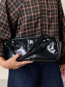 Nöista Black Shoulder Bag With Silver Eyelet Detailing, Long Handles, And A Structured Rectangular Silhouette. - Black - View 6