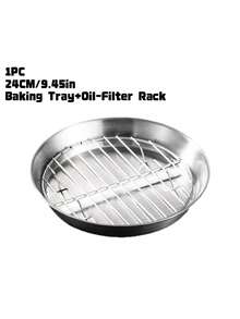 1pc Stainless Steel Round Baking Pan With Oil Drain Rack, Air Fryer Compatible Grease Strainer Tray For Grilling Roasting Food - multicolor - View 12