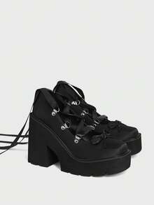 Sugerpunk Women's Fashion Sexy Platform Platform Shoes, Punk Style Gothic Dark Ribbon Lace-Up Design Front And Heel With Bow Beautiful Fashion V - Black - View 1