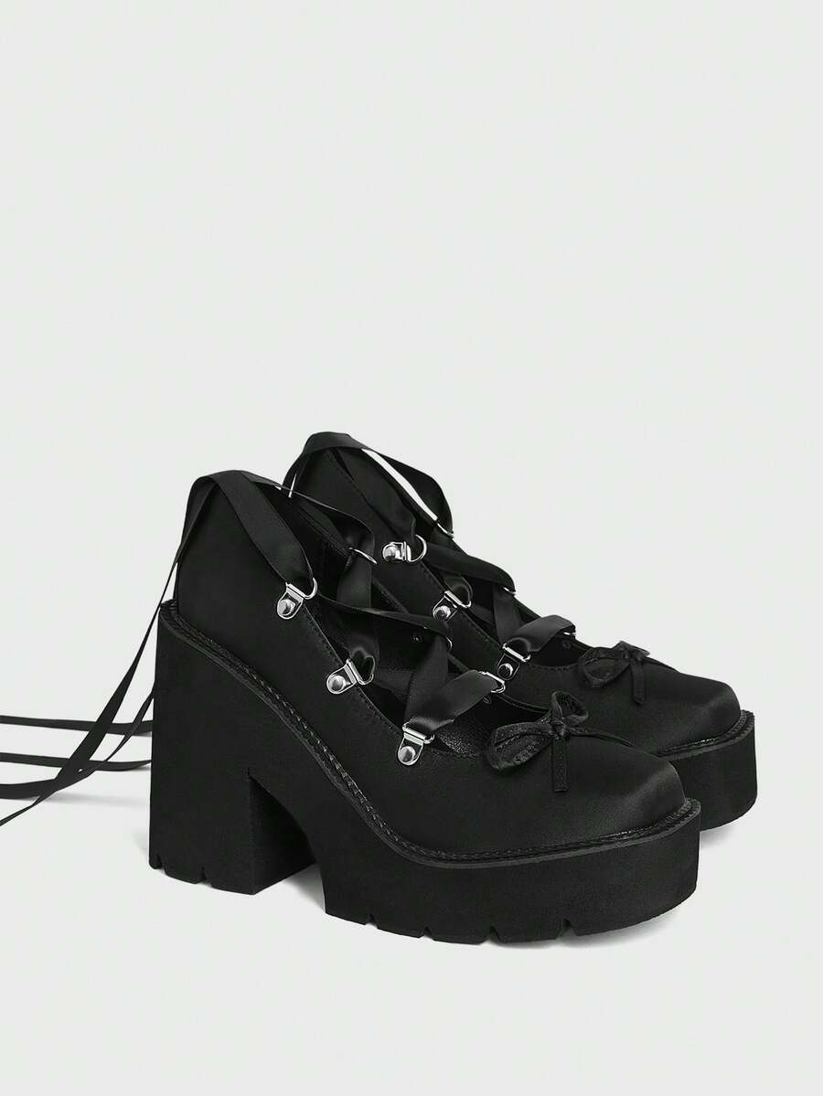 Sugerpunk Women's Fashion Sexy Platform Platform Shoes, Punk Style Gothic Dark Ribbon Lace-Up Design Front And Heel With Bow Beautiful Fashion V - Black - View 1