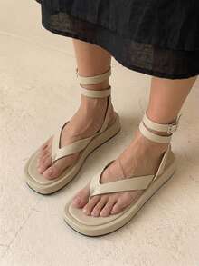 HighSole 女款春夏新款可調節綁帶設計夾腳露趾杏色厚底涼鞋，柔軟舒適，適合通勤與購物 - 杏色 - 查看 4