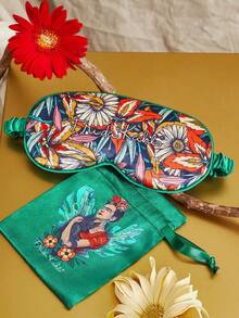 Frida Kahlo X SHEIN Letter & Plant Floral Pattern Printed Eye Mask,Gifts - Green - View 7