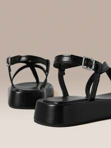 HighSole Toe Back Strap Metal Buckle Design Simple Retro Sandals Holiday Shopping Wear - Black - View 3