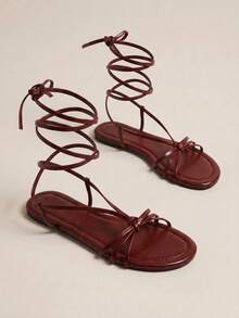 HighSole Ladies Shoes Naked Sandals Elegant Summer Burgundy PU Flat Sandals - Burgundy - View 6
