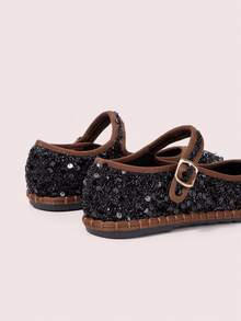 CUCCOO DOLLMOD Women's Casual Bohemian Solid Color Sequin Design Elastic Strap Mary Jane Flat Shoes For Commuting And Vacation Fall Shoes - Black - View 3