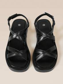 HighSole Sandal Wanita Retro Sederhana dengan Desain Silang Multi-Band dan Gesper Logam di Bagian Belakang, Cocok untuk Belanja. - Hitam - View 5