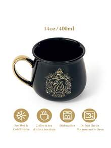 HARRY POTTER X SHEIN 400ml (13.5oz) 復古蛇紋徽章陶瓷馬克杯，金色手柄，大容量坩堝造型，適合咖啡與茶，居家辦公日常飲水杯 - 黑色 - 查看 3