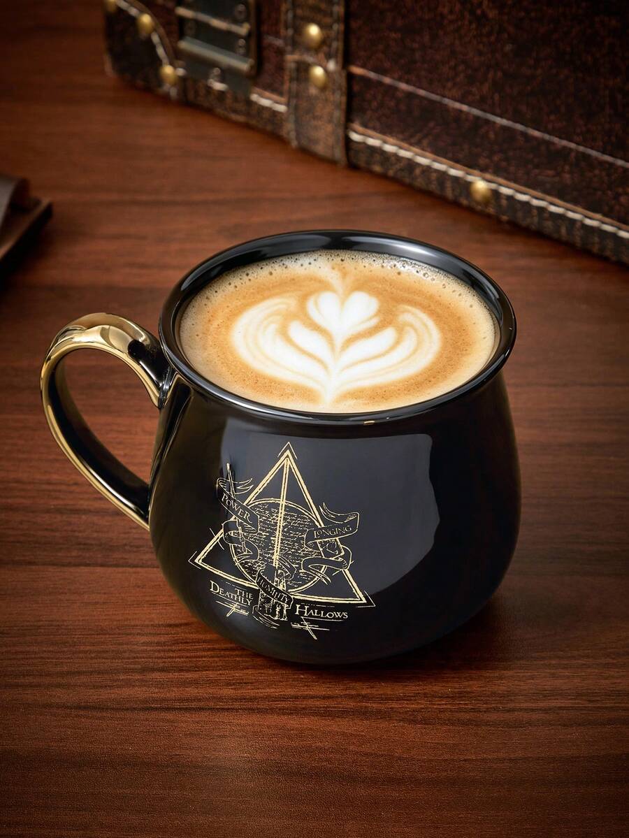 HARRY POTTER X SHEIN 400ml (13.5oz) 復古三角圖騰陶瓷馬克杯，金邊裝飾，大容量大釜造型，適合咖啡與茶，居家與辦公室日常飲用杯 - 黑色 - 查看 1