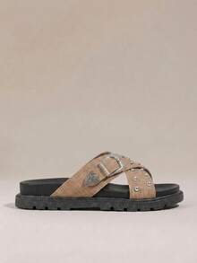 HighSole 女士黑色厚底舒适平底凉鞋，适合日常穿着 - 棕色 - 查看 2