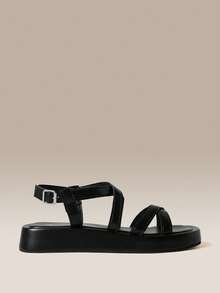 HighSole Sandal Wanita Retro Sederhana dengan Desain Silang Multi-Band dan Gesper Logam di Bagian Belakang, Cocok untuk Belanja. - Hitam - View 2