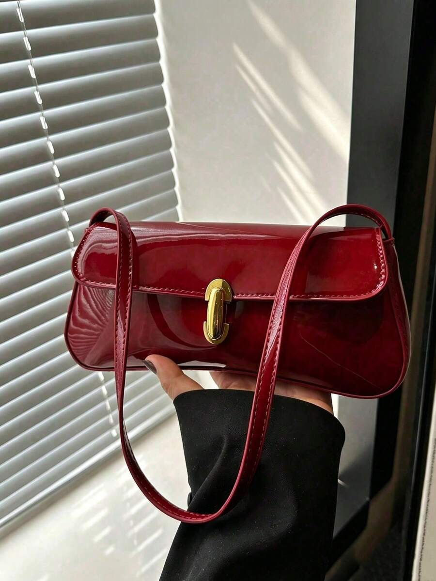 SIENNITY Stylish Mirror‑Finish Baguette Bag, Featuring Metal Hardware Lock Clasp And Flap Opening. A Lightweight Minimalist Shoulder Bag With Small Capacity. - Burgundy - View 1