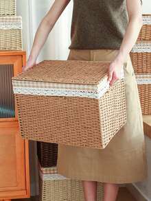 Haus Hana Handwoven Boho Storage Box, Bohemian Decorative Woven Basket With Lid, Foldable Storage Organizer Bin For Living Room Bedroom Closet Shelf, Home Organization & Decor - View 4