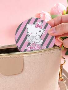 HELLO KITTY AND FRIENDS | SHEIN 1PC Hello Kitty Round Compact Mirror, Pink Grey Striped Angel Kitty Foldable Pocket Makeup Mirror, Double-Sided Mirror With Magnification, Portable Mini Hand Mirror For Purse, Travel Makeup Touch-Ups, Cute Gift For Fans - Multicolor - View 5
