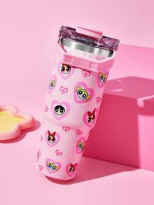 THE POWERPUFF GIRLS X SHEIN 30 Oz/900ml 不鏽鋼水杯、咖啡杯、運動水壺、保溫杯，附吸管與手提功能，冷熱皆可保溫 - 粉色 - 查看 9