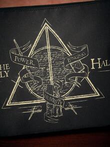 HARRY POTTER X SHEIN 復古三角圖騰印花拉鍊收納包，附腕帶，可收納化妝品與數位配件，多用途手提包，適合上學、通勤與旅行 - 黑卡其色 - 查看 4