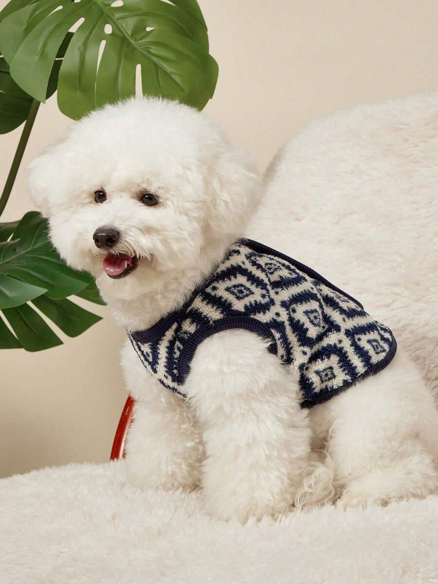 PETSIN 1 buah Jaket Tanpa Lengan untuk Kucing dan Anjing, Motif Geometris Klasik, Elastis, Nyaman, Hangat, dan Hangat, Kancing Terbuka - MultiWarna - View 1