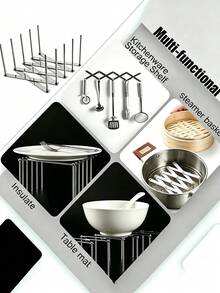 Zazumi 1PC Kitchen Stainless Steel Pan Shelf, Side Pot Lid Rack, Telescopic Folding Storage Rack, Adjustable Grill Row Skeleton Organizer For Cabinet Countertop - Silver - View 3