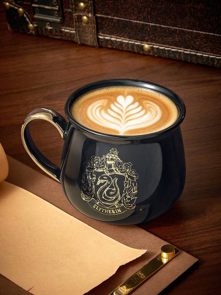 HARRY POTTER X SHEIN 400ml (13.5oz) Vintage Snake Crest Ceramic Mug With Gold Handle, Cauldron Shape, Large Capacity For Coffee & Tea, Daily Drink Cup For Home And Office - Black - View 1