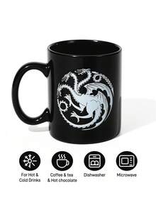 Game of Thrones X SHEIN 復古銀色圖案三頭龍黑色陶瓷杯 400ml 13.5 Fl Oz，個性化奇幻風馬克杯，成人書房辦公室禮品飲用器皿 - 黑色 - 查看 3