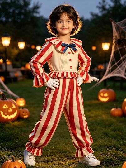 MINKOJA Girls Clown Costume For Kids Boys Halloween Carnivals Cosplay Clown Jumpsuit +Gloves Accessories Outfits Set Children Fancy Dress UP