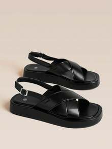 HighSole Minimalist Cross-Band Platform Sandals Open-Toed Flat-Soled Women's Rear Empty Sandals Casual Daily Wear - Black - View 1