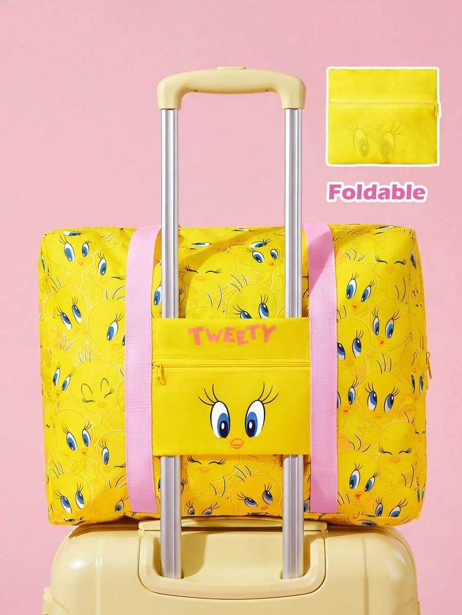 LOONEY TUNES X SHEIN 1 Pc Cat & Mouse Cheese Themed Foldable Travel Tote Bag, Lightweight Polyester Luggage Sleeve Bag - yellow powder - View 1
