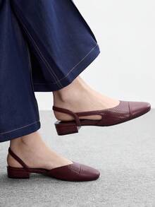 CUCCOO BIZCHIC Sepatu Wanita Warna Burgundy dengan Tali Belakang Rajut Kontras, Sol Tunggal, Hak Persegi, Sol Datar, Gaya Vintage untuk Perjalanan Sehari-hari - Burgundy - View 1
