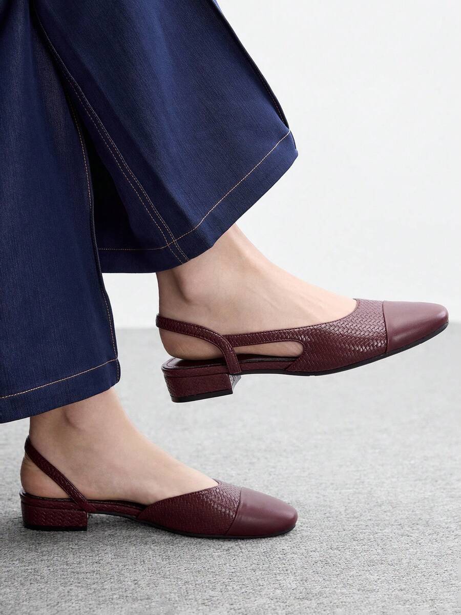CUCCOO BIZCHIC Sepatu Wanita Warna Burgundy dengan Tali Belakang Rajut Kontras, Sol Tunggal, Hak Persegi, Sol Datar, Gaya Vintage untuk Perjalanan Sehari-hari - Burgundy - View 1