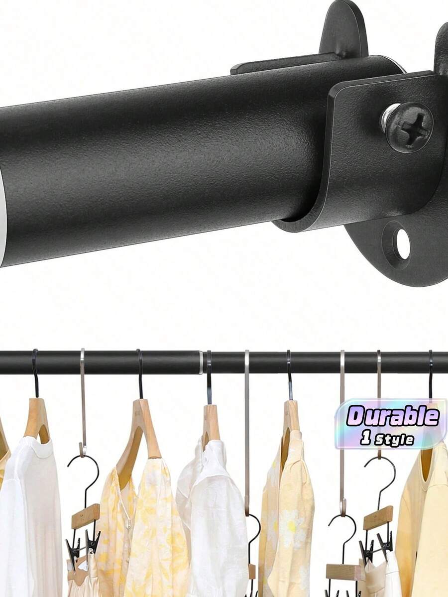 Round Tube Clothes Hanging Rod, Closet Fixed Flange Base, Wardrobe Bracket, Stainless Steel Curtain Rod, Towel Rack Accessories - Black - View 1