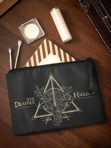HARRY POTTER X SHEIN 復古三角圖騰印花拉鍊收納包，附腕帶，可收納化妝品與數位配件，多用途手提包，適合上學、通勤與旅行 - 黑卡其色 - 查看 2