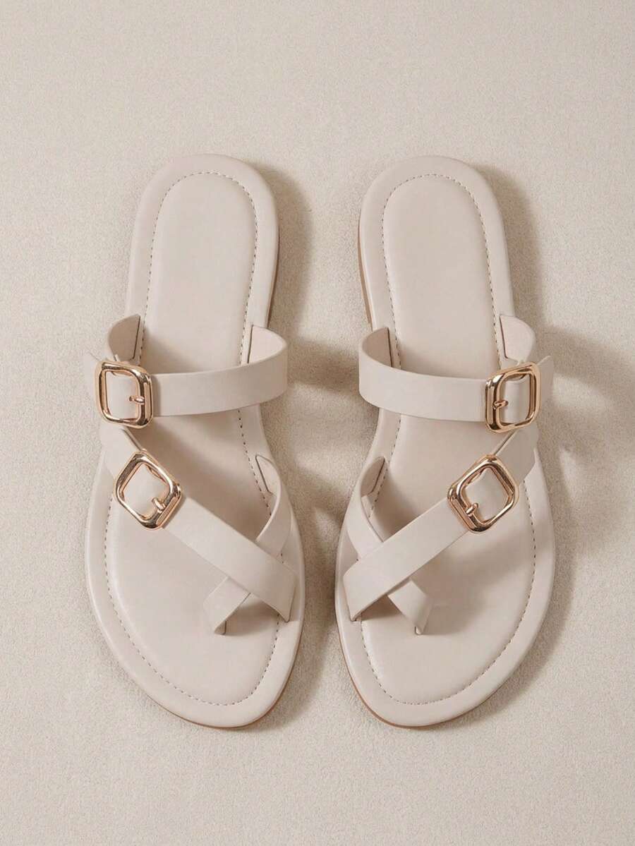 HighSole 女款方頭圓趾純色扣飾通勤職場百搭平底涼鞋,舒適一腳蹬 - 白色 - 查看 1