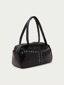 Nöista Black Shoulder Bag With Silver Eyelet Detailing, Long Handles, And A Structured Rectangular Silhouette. - Black - View 3
