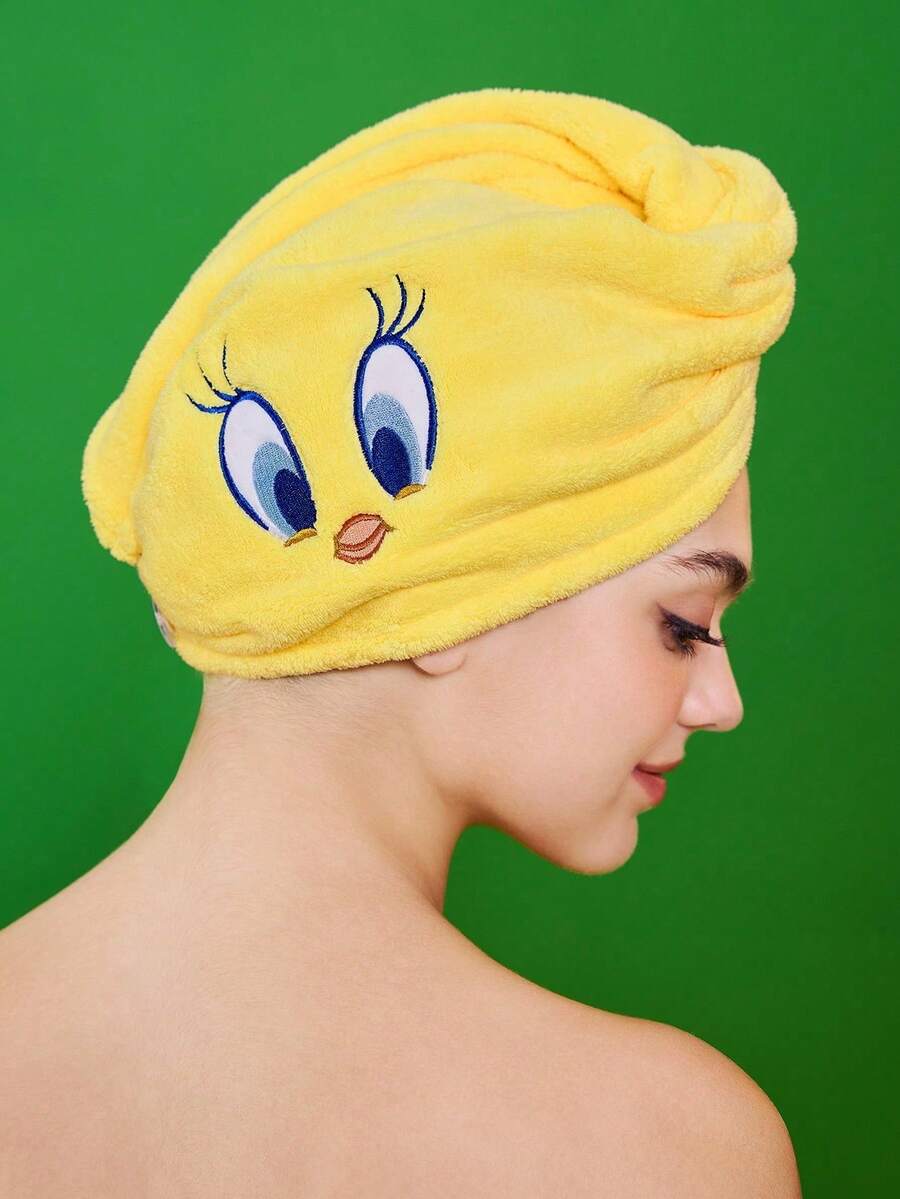 LOONEY TUNES X SHEIN 1pc Cute Cartoon Tonde Sushi Embroidered Absorbent Hair Drying Towel Cap, Yellow Hair Turban Suitable For Different Hair Types And Amounts - Yellow - View 1