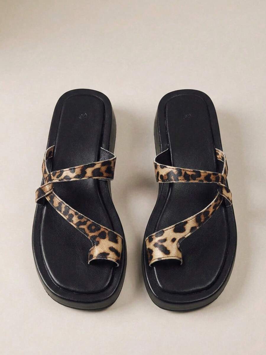 HighSole 春夏新款豹紋交叉帶露趾厚底設計舒適軟底平底休閒風豹紋女款拖鞋派對旅行 - 豹紋棕 - 查看 1