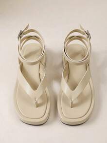 HighSole 女款春夏新款可調節綁帶設計夾腳露趾杏色厚底涼鞋，柔軟舒適，適合通勤與購物 - 杏色 - 查看 5
