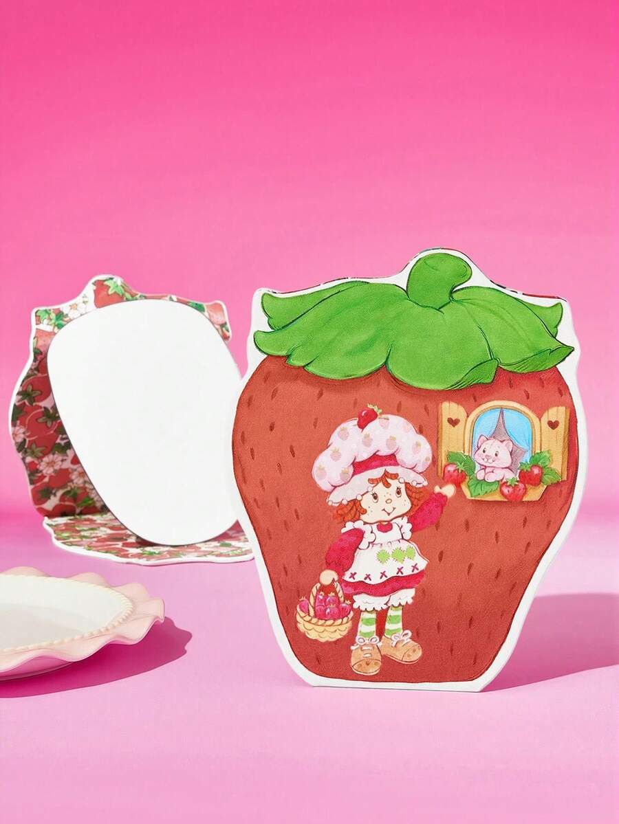 Strawberry Shortcake X SHEIN مرآة مكياج قابلة للطي محمولة بطباعة عتيقة، غلاف من الجلد الصناعي مقاوم للتآكل، صغيرة ويمكن طيها إلى النصف للتخزين، سطح مرآة واضح، مناسبة لمكياج الفتيات اليومي والتنقل والخروج العب بمرآة اليد الصغيرة التي تحبها - الأحمر - مشاهدة 1