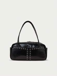Nöista Black Shoulder Bag With Silver Eyelet Detailing, Long Handles, And A Structured Rectangular Silhouette. - Black - View 4