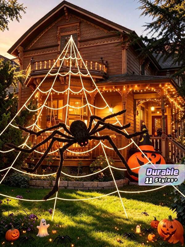 Outdoor Halloween Spider Web Decoration + Giant Spider Decor | Indoor & Outdoor Halloween Decor Supplies, Triangular Oversized Spider Web For Yard, Home, Costume Parties, Haunted House Displays