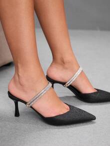 CUCCOO SZL Pointed Toe Stiletto Black Gretel Rhinestone Strip Women's High Heel Shoes Kitten Heels Banquet Wedding Versatile Temperament Socialite Temperament High Heels Women's Shoes - Black - View 7